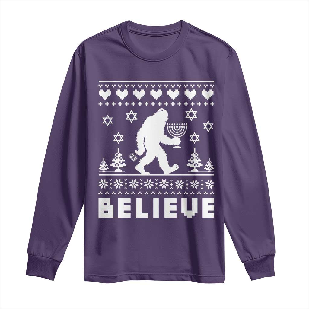 Funny Hanukkah Bigfoot Long Sleeve Shirt Believe Ugly Sweater Jewish Holiday Gift TS12 Purple Print Your Wear