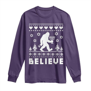 Funny Hanukkah Bigfoot Long Sleeve Shirt Believe Ugly Sweater Jewish Holiday Gift TS12 Purple Print Your Wear