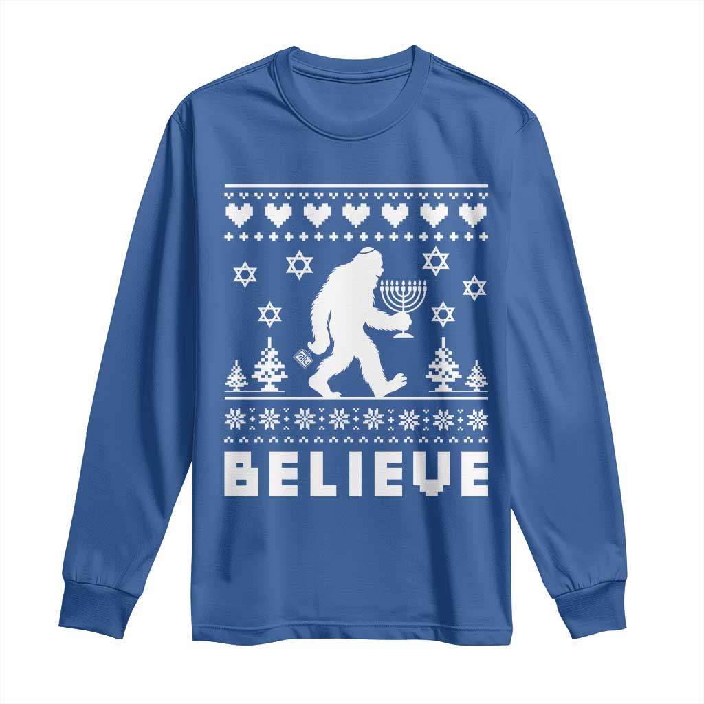 Funny Hanukkah Bigfoot Long Sleeve Shirt Believe Ugly Sweater Jewish Holiday Gift TS12 Royal Blue Print Your Wear