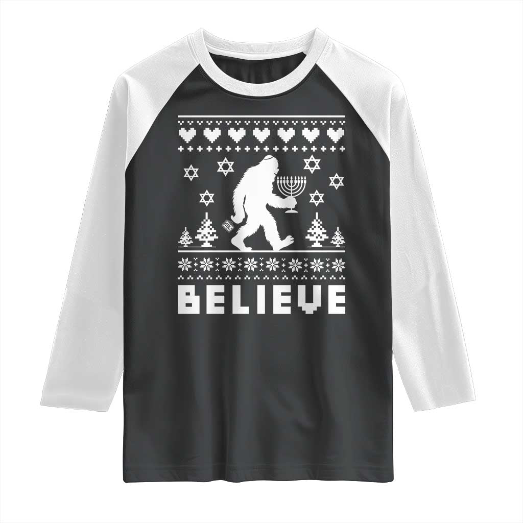 Funny Hanukkah Bigfoot Raglan Shirt Believe Ugly Sweater Jewish Holiday Gift TS12 Black White Print Your Wear