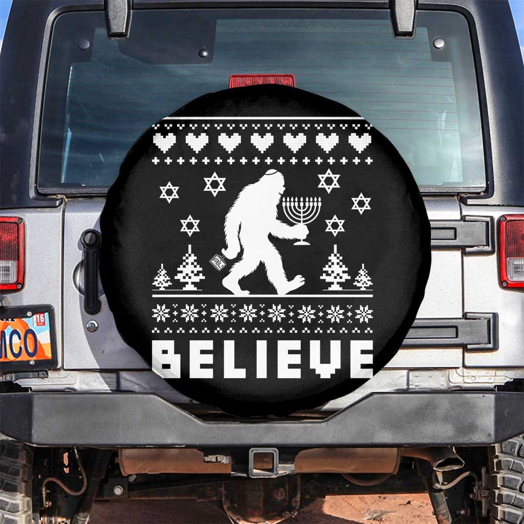 Funny Hanukkah Bigfoot Spare Tire Cover Believe Ugly Sweater Jewish Holiday Gift TS12 No hole Black Print Your Wear