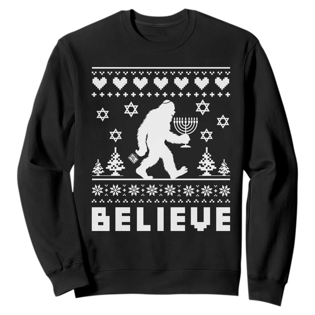Funny Hanukkah Bigfoot Sweatshirt Believe Ugly Sweater Jewish Holiday Gift TS12 Black Print Your Wear