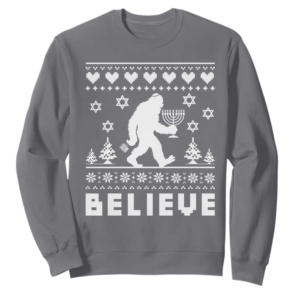 Funny Hanukkah Bigfoot Sweatshirt Believe Ugly Sweater Jewish Holiday Gift TS12 Charcoal Print Your Wear