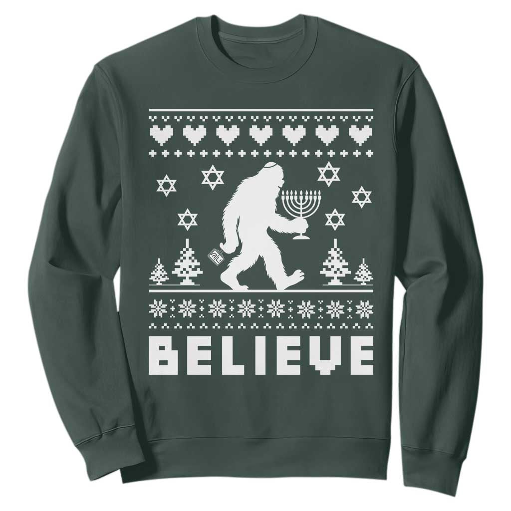 Funny Hanukkah Bigfoot Sweatshirt Believe Ugly Sweater Jewish Holiday Gift TS12 Dark Forest Green Print Your Wear