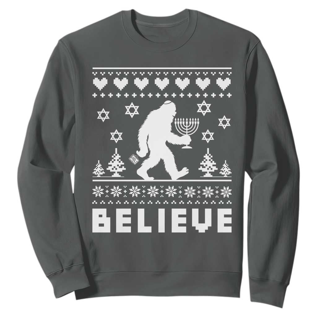 Funny Hanukkah Bigfoot Sweatshirt Believe Ugly Sweater Jewish Holiday Gift TS12 Dark Heather Print Your Wear