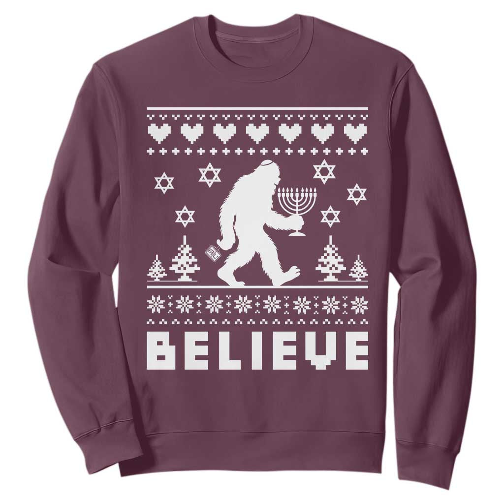 Funny Hanukkah Bigfoot Sweatshirt Believe Ugly Sweater Jewish Holiday Gift TS12 Maroon Print Your Wear