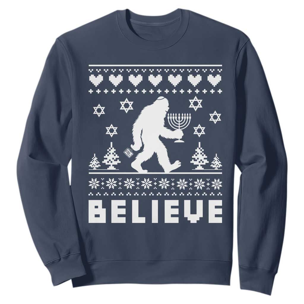 Funny Hanukkah Bigfoot Sweatshirt Believe Ugly Sweater Jewish Holiday Gift TS12 Navy Print Your Wear