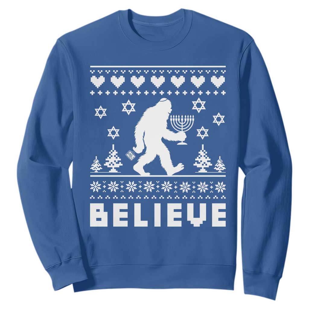 Funny Hanukkah Bigfoot Sweatshirt Believe Ugly Sweater Jewish Holiday Gift TS12 Royal Blue Print Your Wear