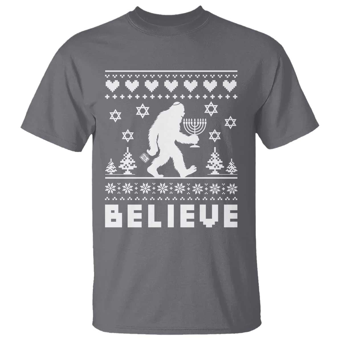Funny Hanukkah Bigfoot T Shirt Believe Ugly Sweater Jewish Holiday Gift TS12 Charcoal Print Your Wear