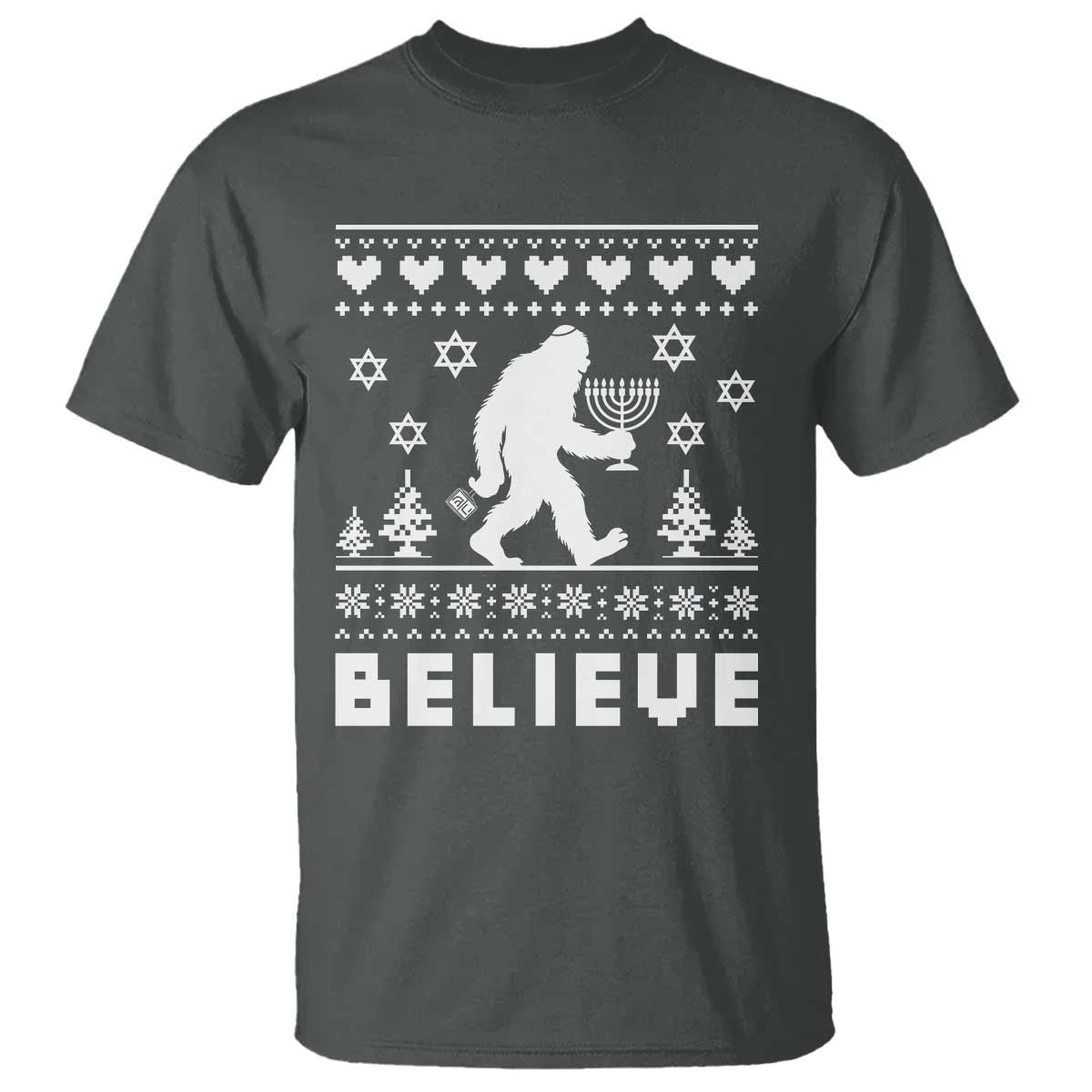 Funny Hanukkah Bigfoot T Shirt Believe Ugly Sweater Jewish Holiday Gift TS12 Dark Heather Print Your Wear
