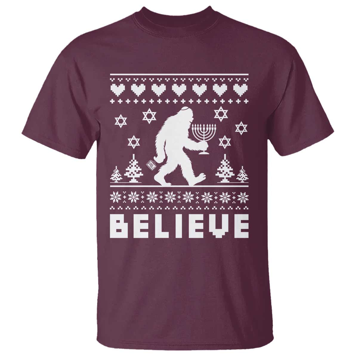 Funny Hanukkah Bigfoot T Shirt Believe Ugly Sweater Jewish Holiday Gift TS12 Maroon Print Your Wear