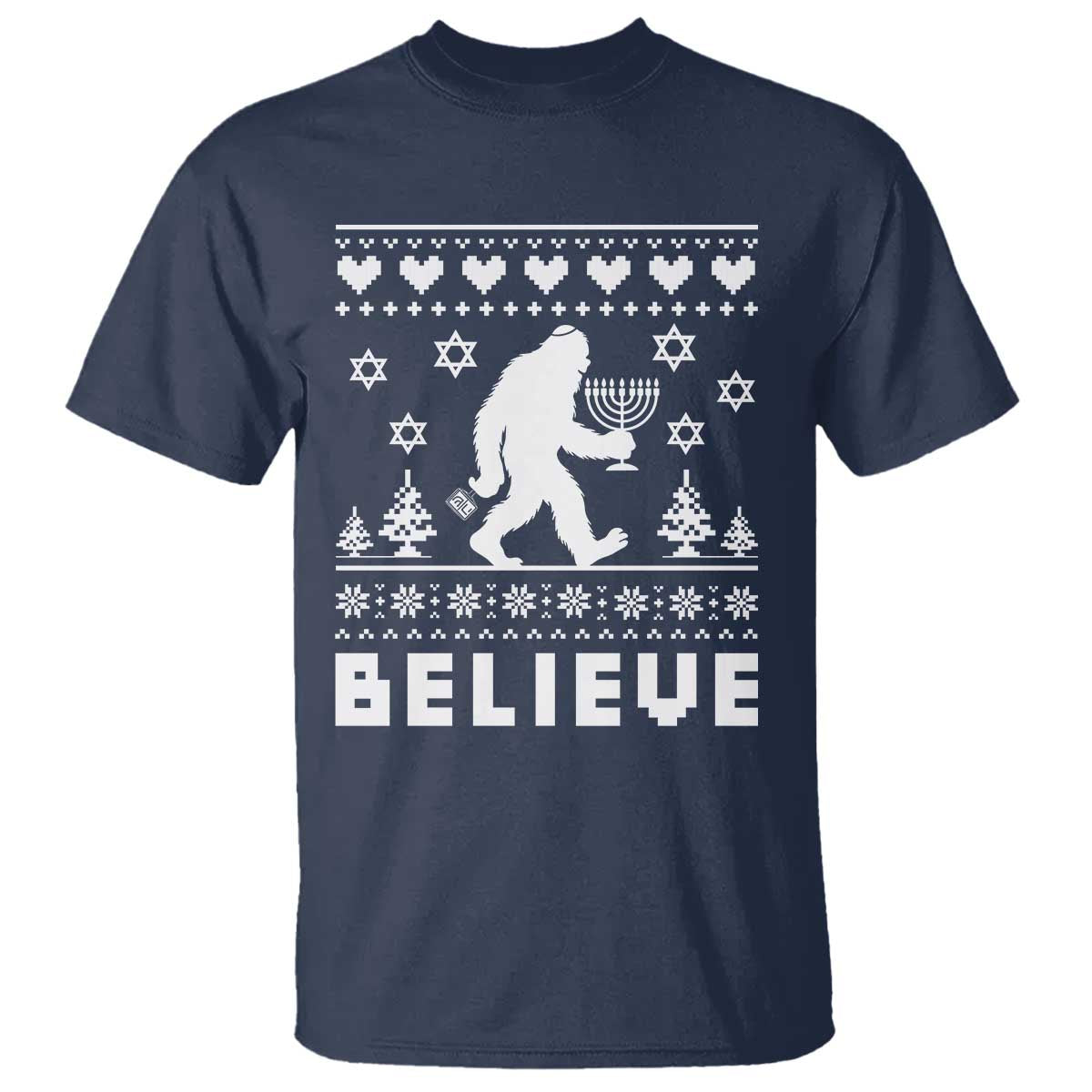 Funny Hanukkah Bigfoot T Shirt Believe Ugly Sweater Jewish Holiday Gift TS12 Navy Print Your Wear