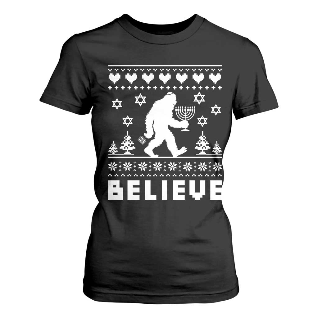 Funny Hanukkah Bigfoot T Shirt For Women Believe Ugly Sweater Jewish Holiday Gift TS12 Black Print Your Wear