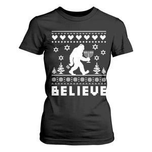 Funny Hanukkah Bigfoot T Shirt For Women Believe Ugly Sweater Jewish Holiday Gift TS12 Black Print Your Wear