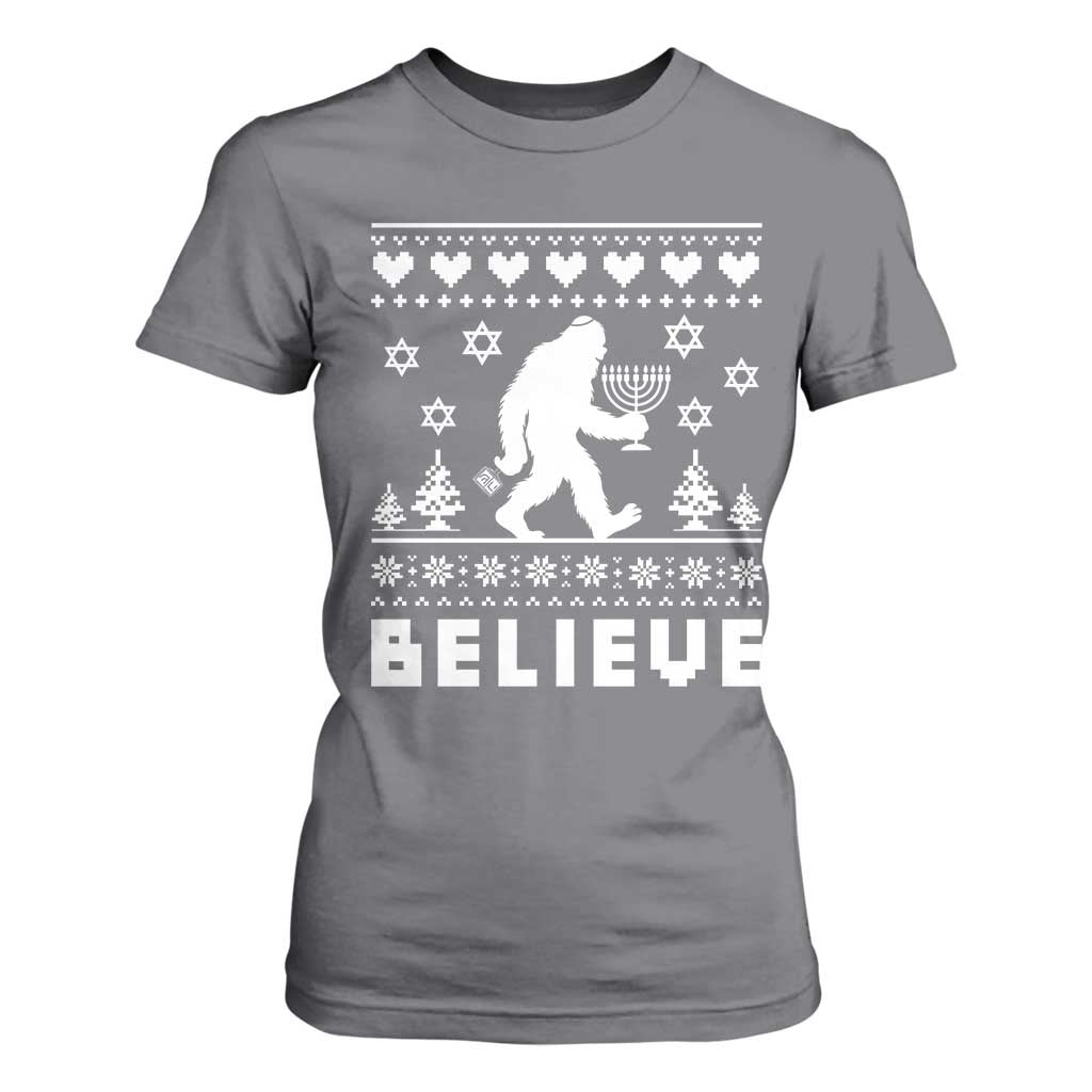 Funny Hanukkah Bigfoot T Shirt For Women Believe Ugly Sweater Jewish Holiday Gift TS12 Charcoal Print Your Wear