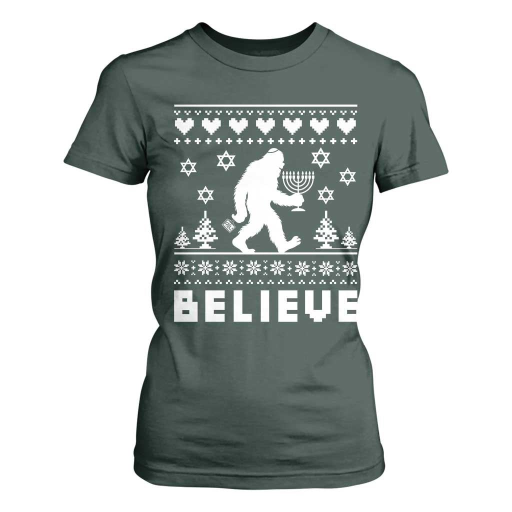 Funny Hanukkah Bigfoot T Shirt For Women Believe Ugly Sweater Jewish Holiday Gift TS12 Dark Forest Green Print Your Wear