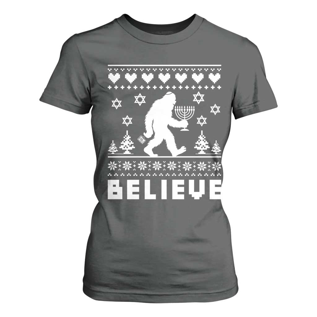 Funny Hanukkah Bigfoot T Shirt For Women Believe Ugly Sweater Jewish Holiday Gift TS12 Dark Heather Print Your Wear