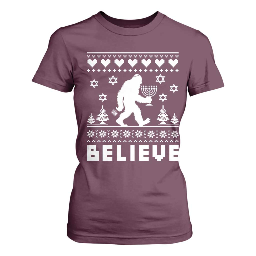 Funny Hanukkah Bigfoot T Shirt For Women Believe Ugly Sweater Jewish Holiday Gift TS12 Maroon Print Your Wear