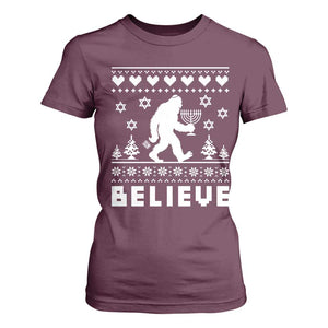 Funny Hanukkah Bigfoot T Shirt For Women Believe Ugly Sweater Jewish Holiday Gift TS12 Maroon Print Your Wear