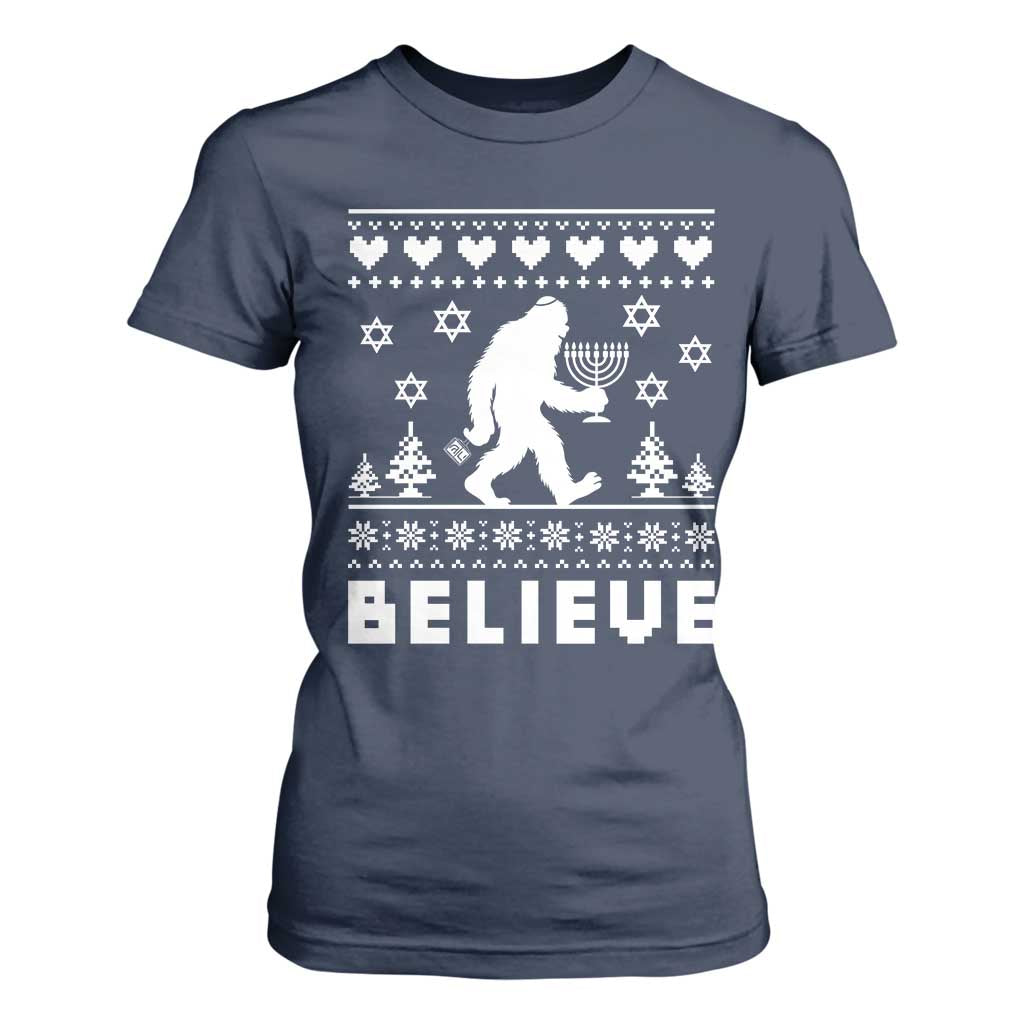 Funny Hanukkah Bigfoot T Shirt For Women Believe Ugly Sweater Jewish Holiday Gift TS12 Navy Print Your Wear