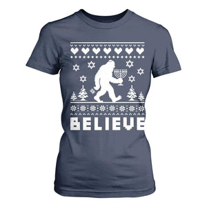Funny Hanukkah Bigfoot T Shirt For Women Believe Ugly Sweater Jewish Holiday Gift TS12 Navy Print Your Wear