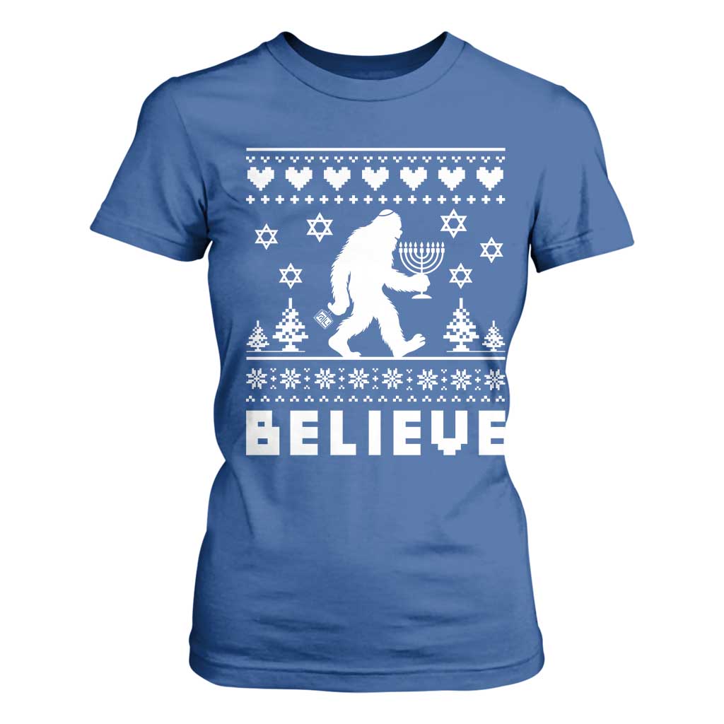 Funny Hanukkah Bigfoot T Shirt For Women Believe Ugly Sweater Jewish Holiday Gift TS12 Royal Blue Print Your Wear