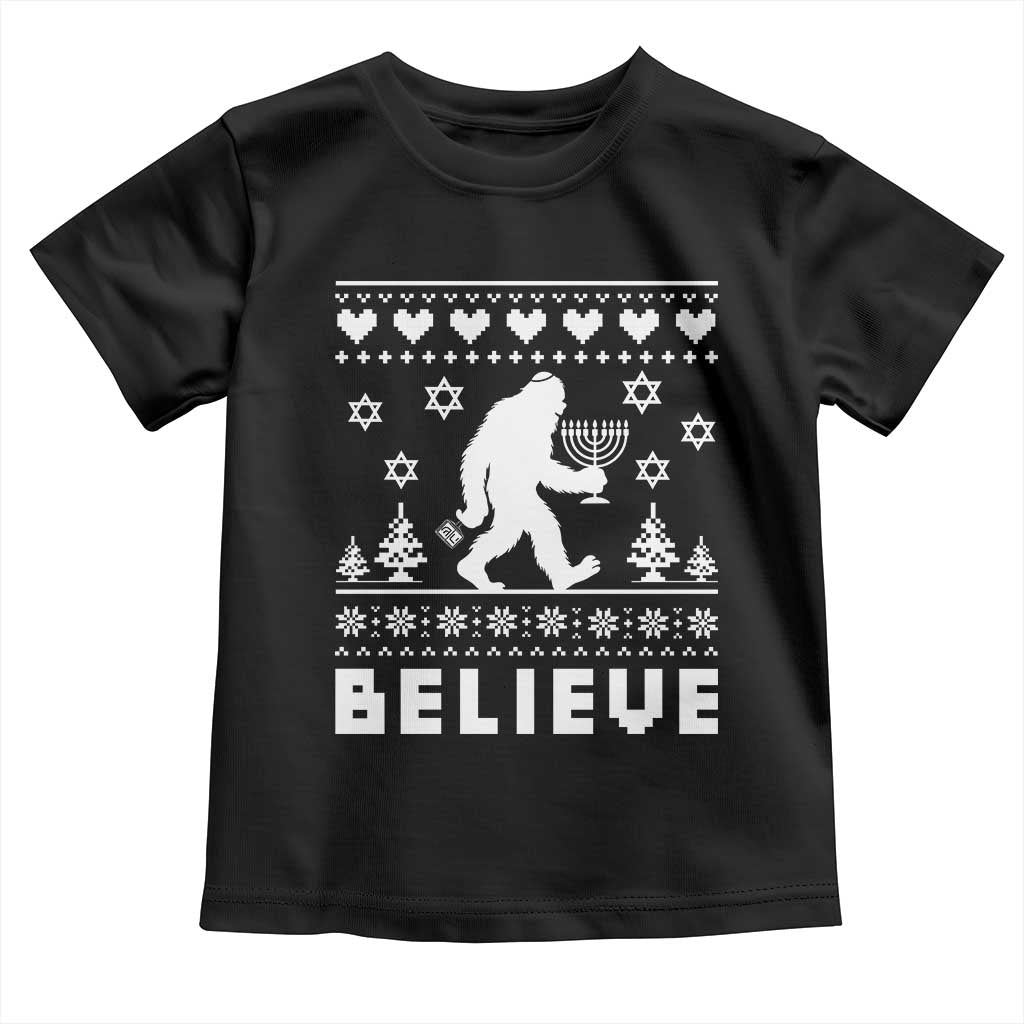 Funny Hanukkah Bigfoot Toddler T Shirt Believe Ugly Sweater Jewish Holiday Gift TS12 Black Print Your Wear