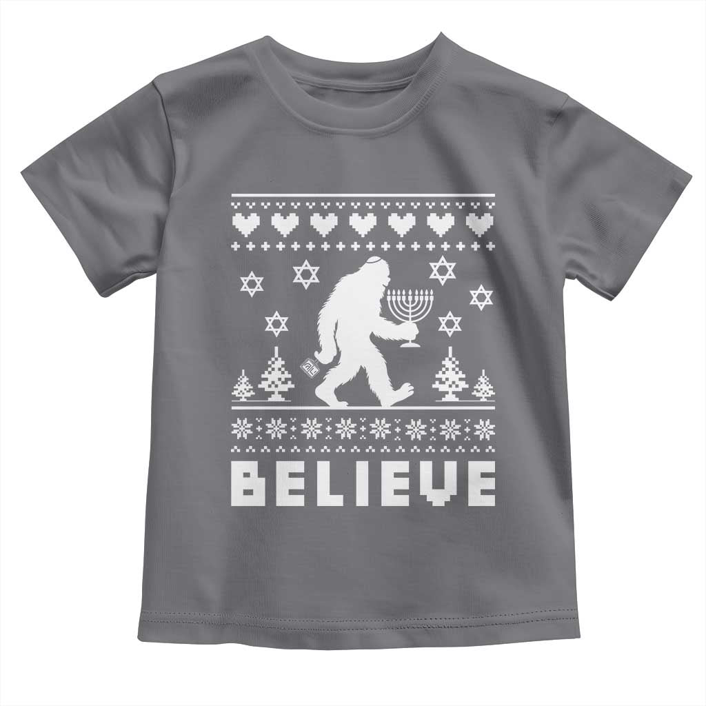 Funny Hanukkah Bigfoot Toddler T Shirt Believe Ugly Sweater Jewish Holiday Gift TS12 Charcoal Print Your Wear