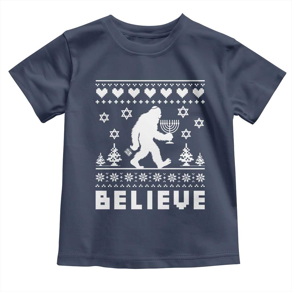 Funny Hanukkah Bigfoot Toddler T Shirt Believe Ugly Sweater Jewish Holiday Gift TS12 Navy Print Your Wear