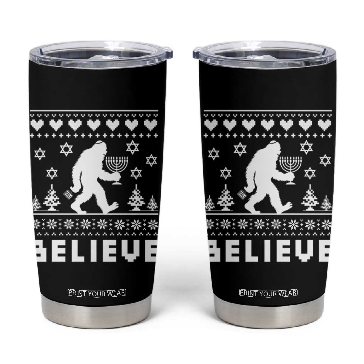 Funny Hanukkah Bigfoot Tumbler Cup Believe Ugly Sweater Jewish Holiday Gift TS12 Black Print Your Wear