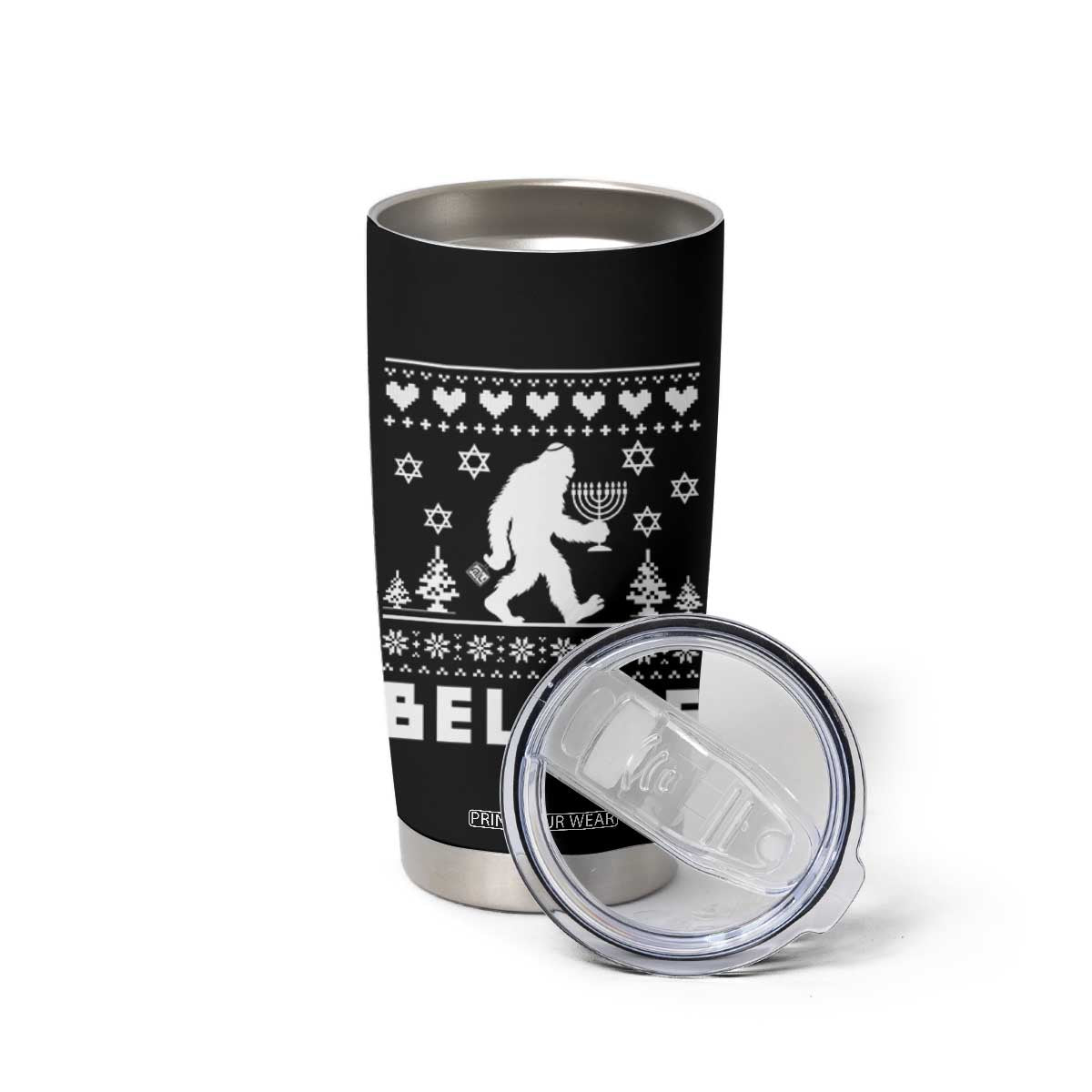 Funny Hanukkah Bigfoot Tumbler Cup Believe Ugly Sweater Jewish Holiday Gift TS12 Print Your Wear