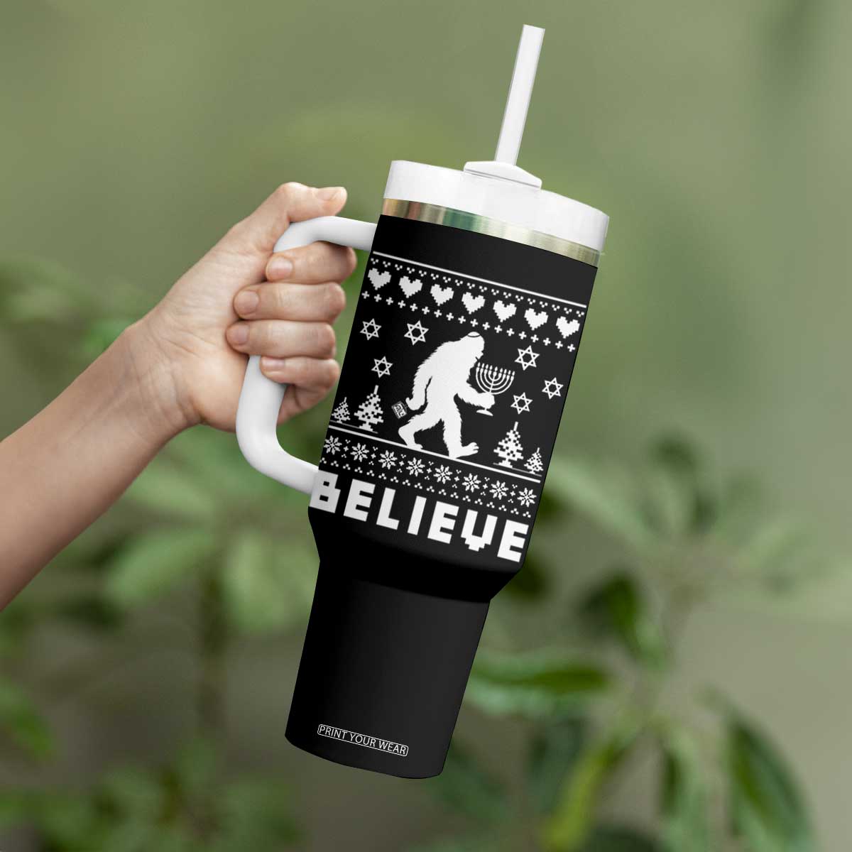 Funny Hanukkah Bigfoot Tumbler With Handle Believe Ugly Sweater Jewish Holiday Gift TS12 Print Your Wear