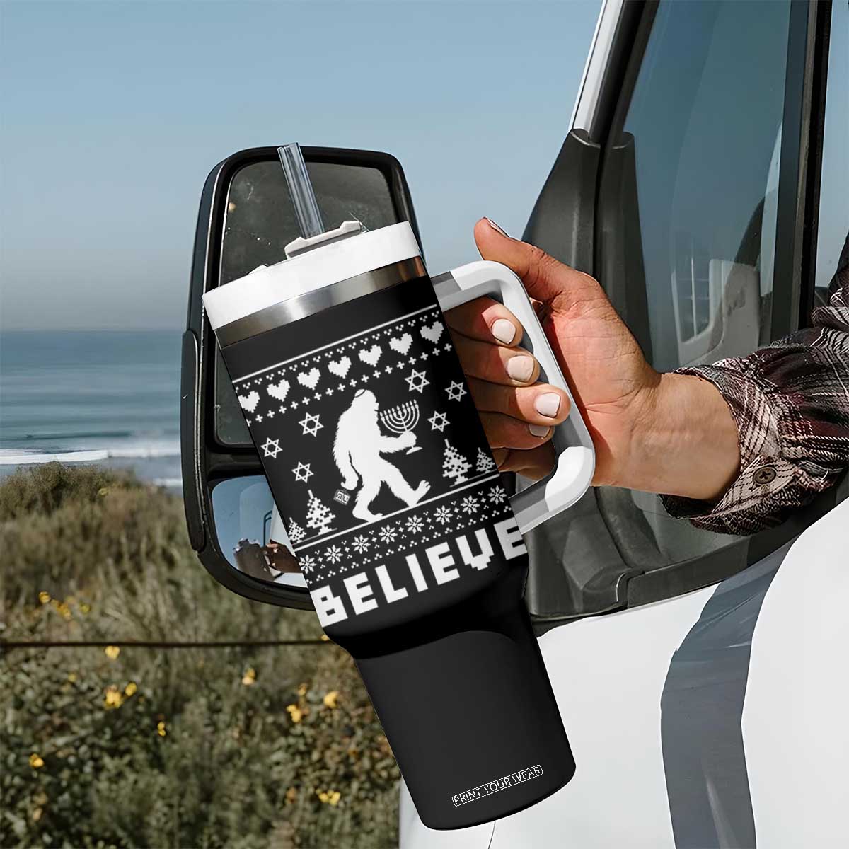 Funny Hanukkah Bigfoot Tumbler With Handle Believe Ugly Sweater Jewish Holiday Gift TS12 Print Your Wear