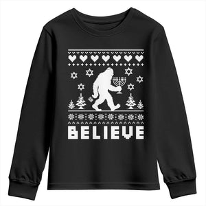 Funny Hanukkah Bigfoot Youth Sweatshirt Believe Ugly Sweater Jewish Holiday Gift TS12 Black Print Your Wear