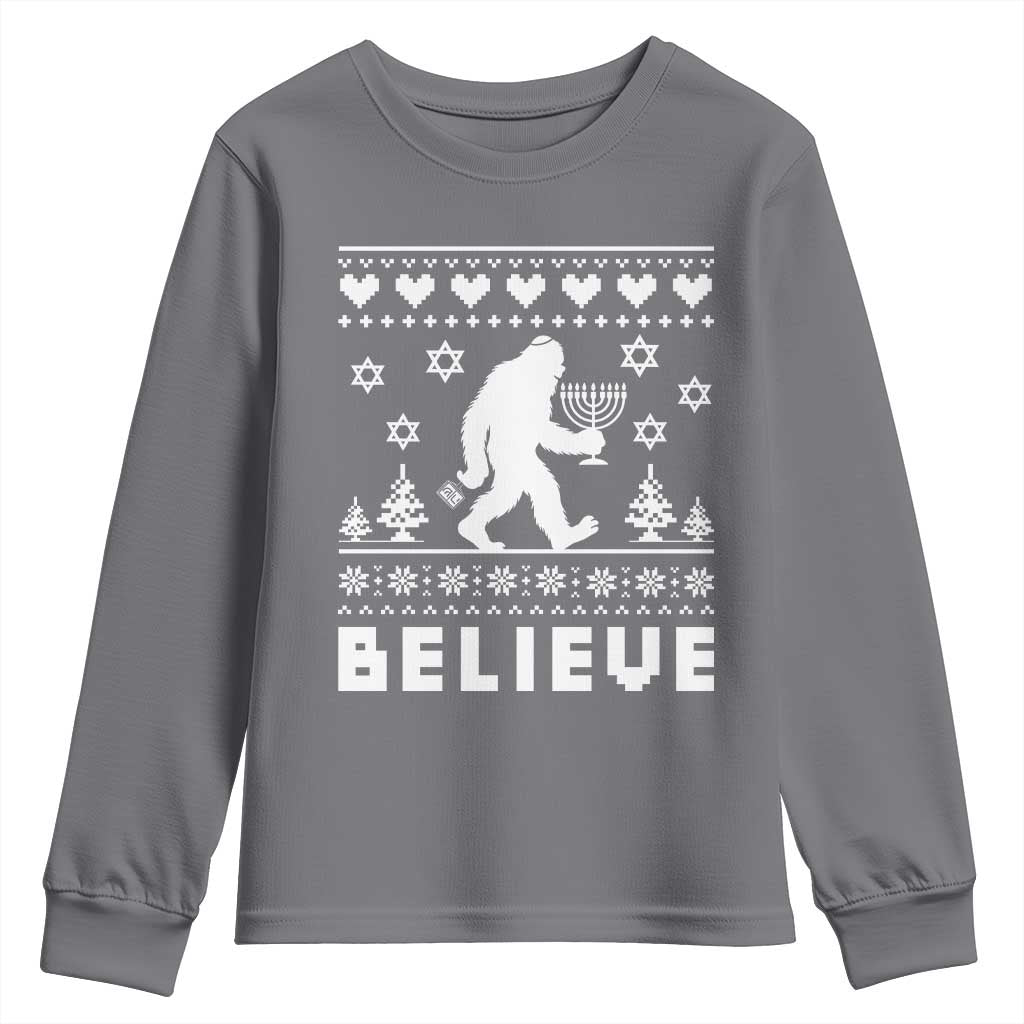 Funny Hanukkah Bigfoot Youth Sweatshirt Believe Ugly Sweater Jewish Holiday Gift TS12 Charcoal Print Your Wear