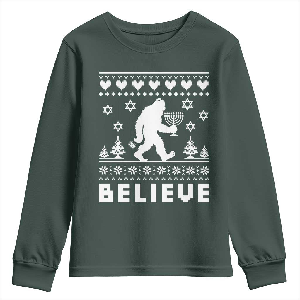 Funny Hanukkah Bigfoot Youth Sweatshirt Believe Ugly Sweater Jewish Holiday Gift TS12 Dark Forest Green Print Your Wear