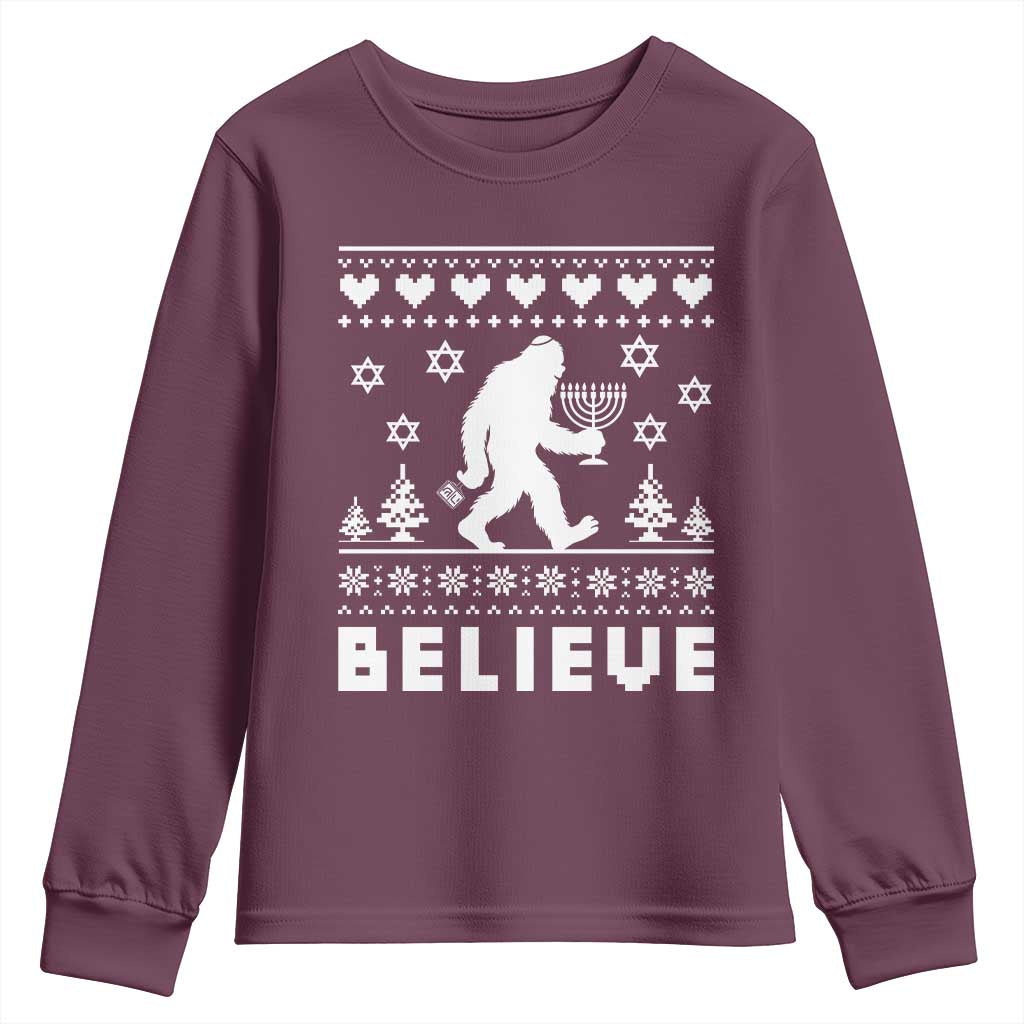 Funny Hanukkah Bigfoot Youth Sweatshirt Believe Ugly Sweater Jewish Holiday Gift TS12 Maroon Print Your Wear
