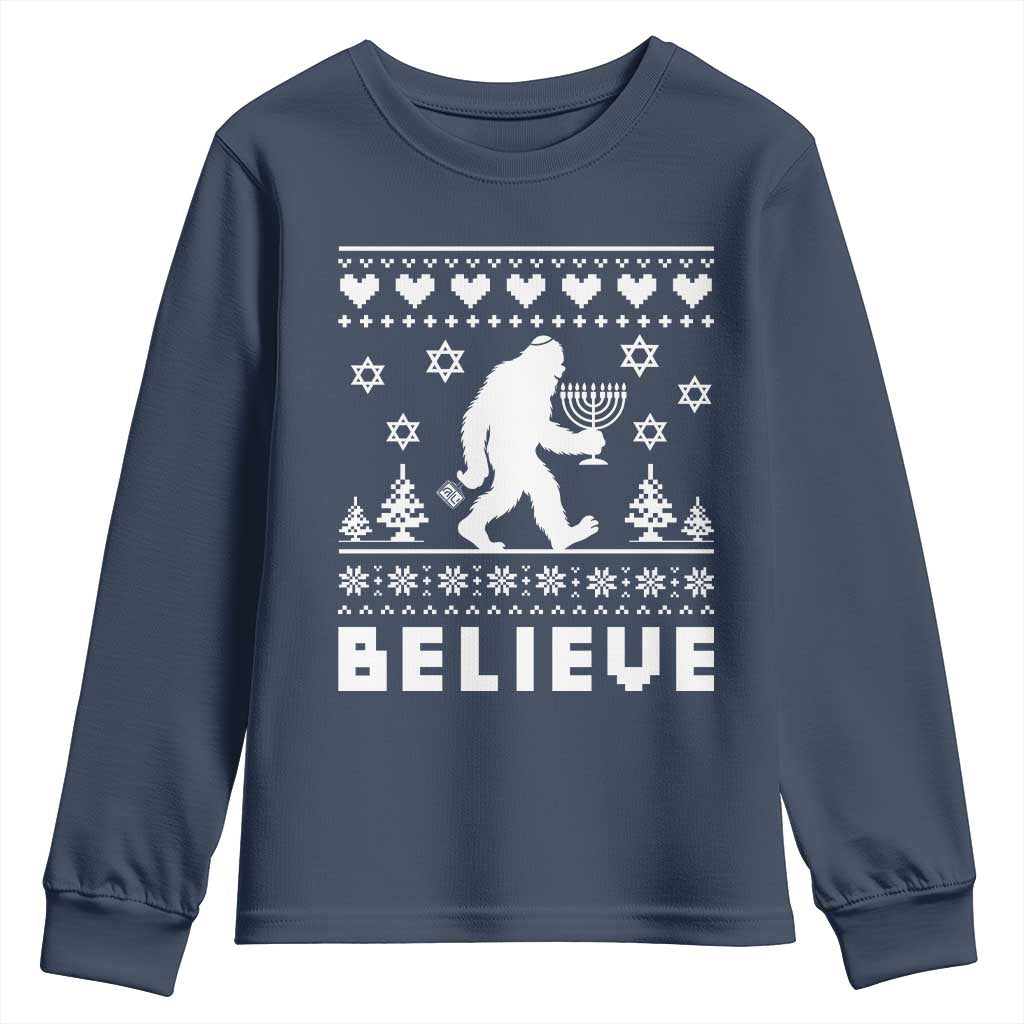 Funny Hanukkah Bigfoot Youth Sweatshirt Believe Ugly Sweater Jewish Holiday Gift TS12 Navy Print Your Wear