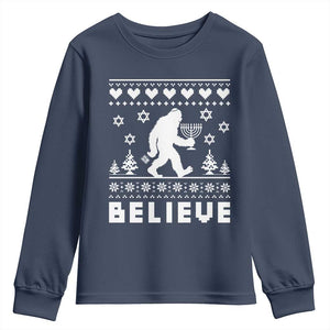 Funny Hanukkah Bigfoot Youth Sweatshirt Believe Ugly Sweater Jewish Holiday Gift TS12 Navy Print Your Wear