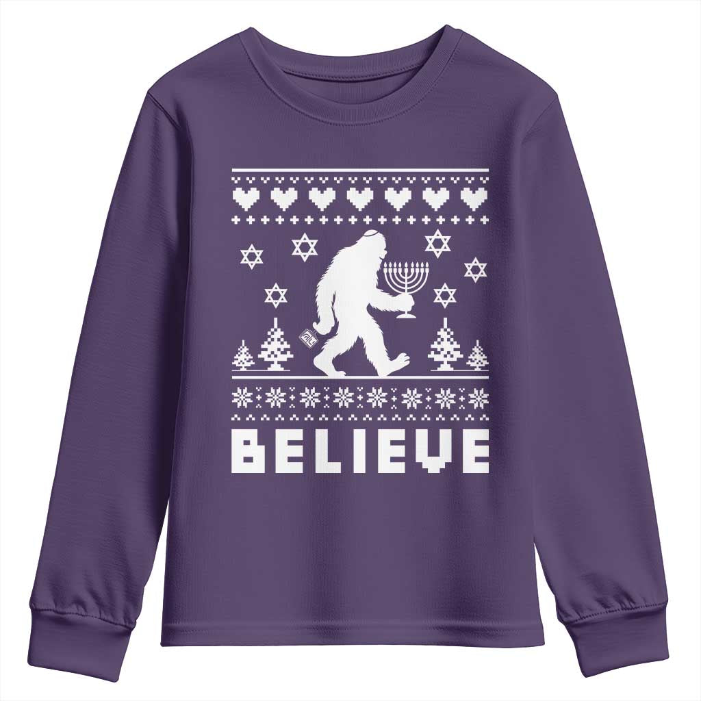 Funny Hanukkah Bigfoot Youth Sweatshirt Believe Ugly Sweater Jewish Holiday Gift TS12 Purple Print Your Wear