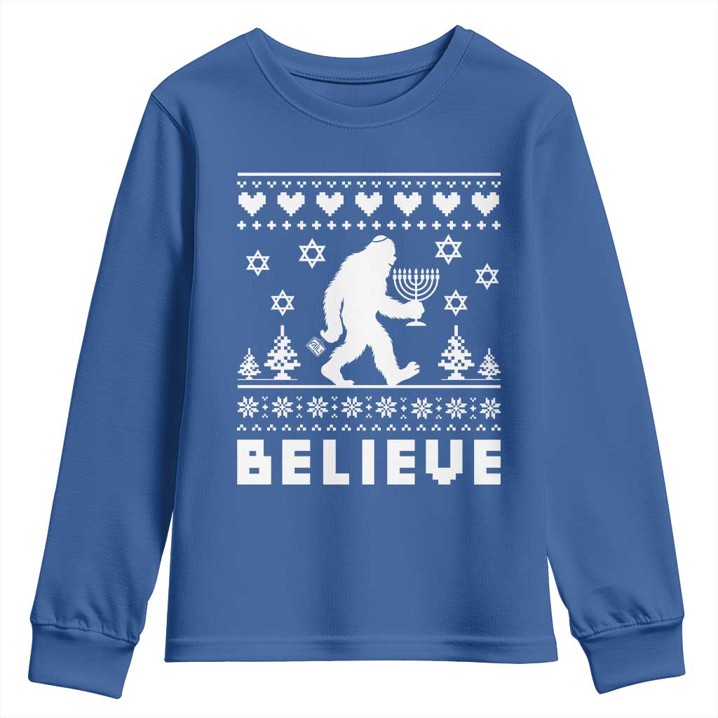 Funny Hanukkah Bigfoot Youth Sweatshirt Believe Ugly Sweater Jewish Holiday Gift TS12 Royal Blue Print Your Wear