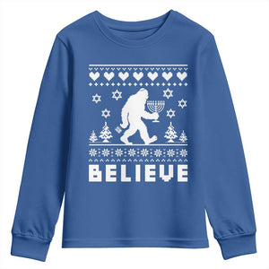 Funny Hanukkah Bigfoot Youth Sweatshirt Believe Ugly Sweater Jewish Holiday Gift TS12 Royal Blue Print Your Wear
