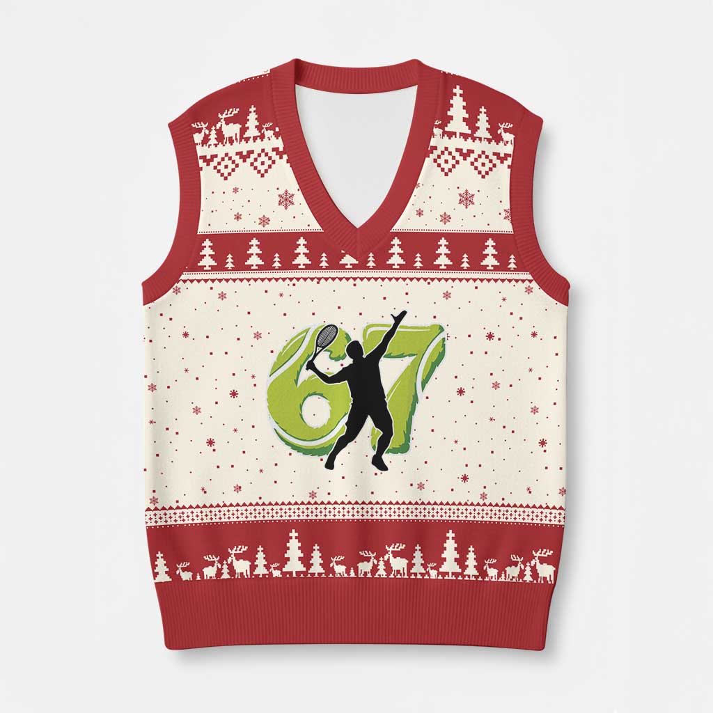 Funny Gen Z Alpha Gift V-Neck Knit Sweater Vest Six Seven Meme Tennis Lover TS12 Beige Red Print Your Wear