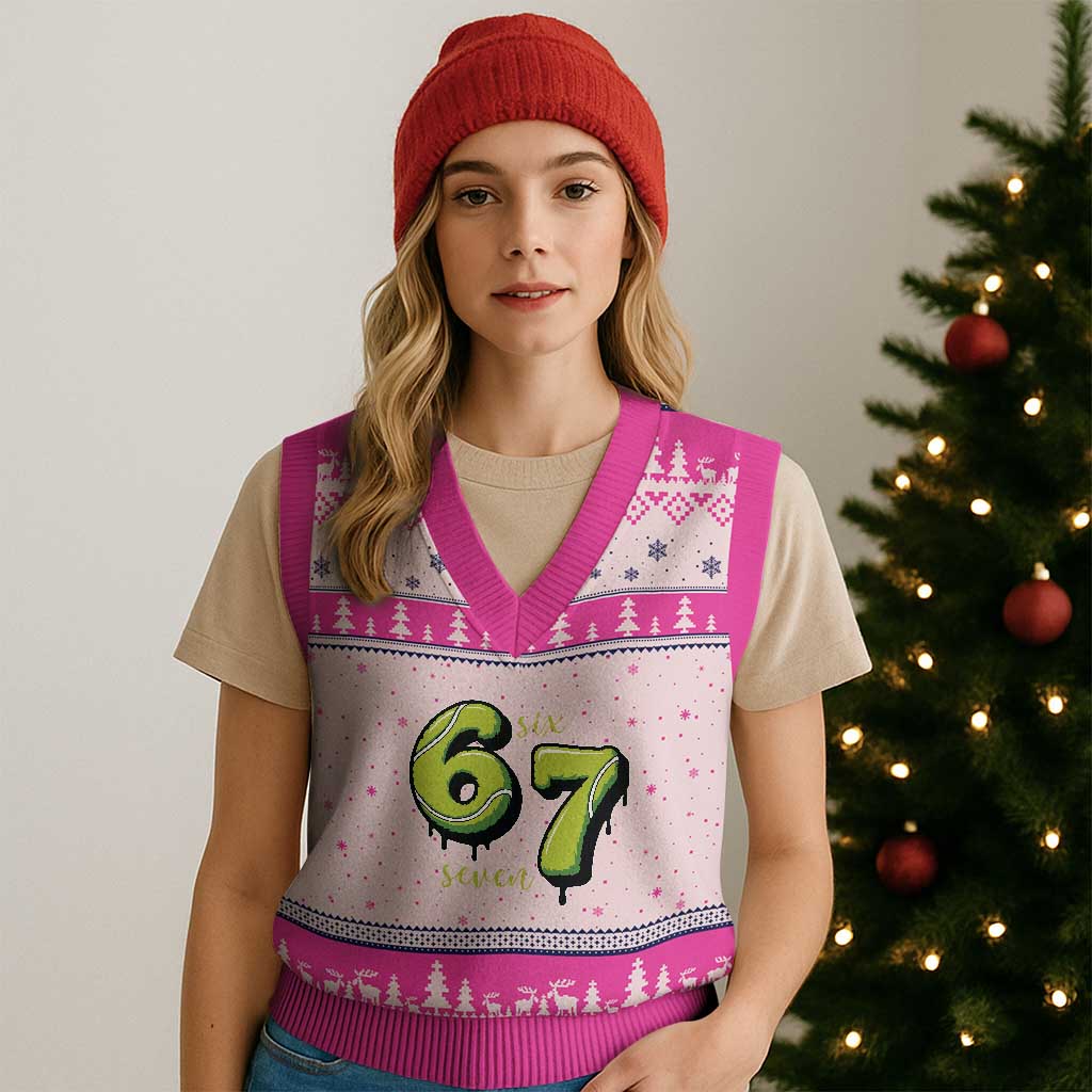 Six Seven Meme Tennis Lover V-Neck Knit Sweater Vest Gen Alpha Slang Gift TS12 Hot Pink Print Your Wear