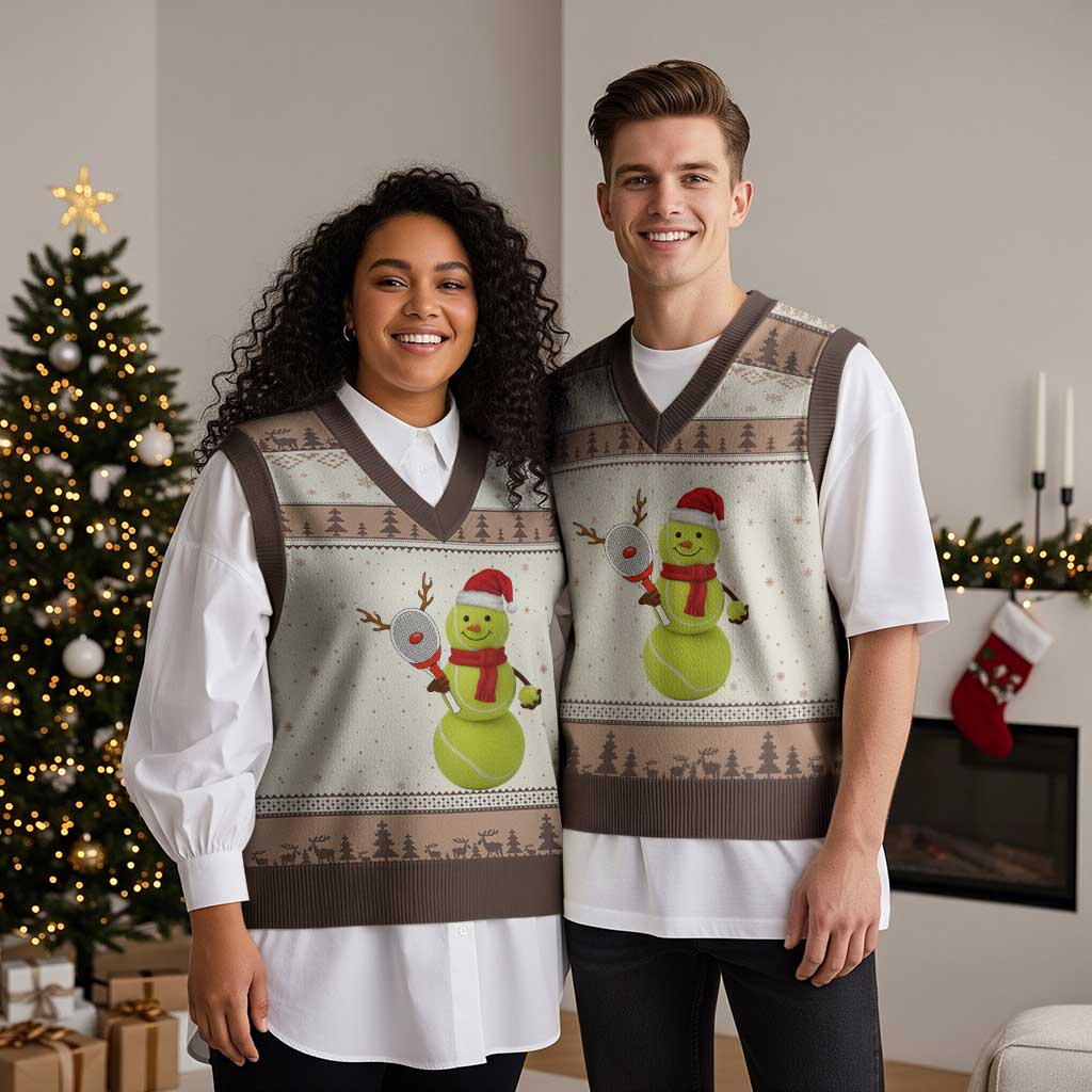 Funny Christmas Tennis Snowman V-Neck Knit Sweater Vest Tennis Lover Gift TS12 Mocha Mousse Print Your Wear
