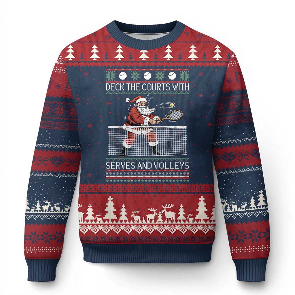 Deck The Courts With Serves And Volleys Ugly Christmas Sweater Funny Tennis Ugly Christmas TS12 Navy Red Print Your Wear