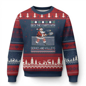Deck The Courts With Serves And Volleys Ugly Christmas Sweater Funny Tennis Ugly Christmas TS12 Navy Red Print Your Wear