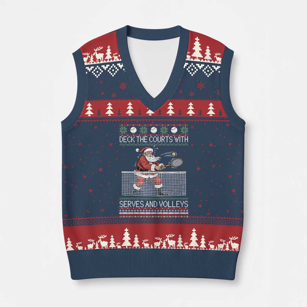 Deck The Courts With Serves And Volleys V-Neck Knit Sweater Vest Funny Tennis Ugly Christmas TS12 Navy Red Print Your Wear