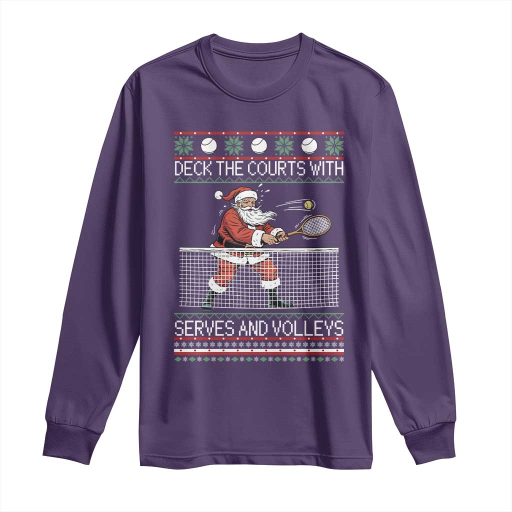 Deck The Courts With Serves And Volleys Long Sleeve Shirt Funny Tennis Ugly Christmas TS12 Purple Print Your Wear