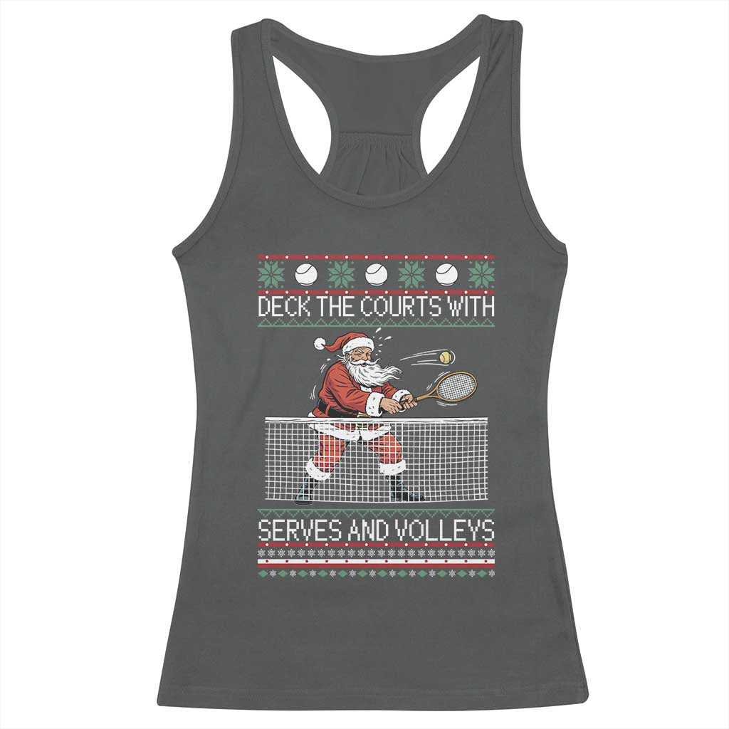 Deck The Courts With Serves And Volleys Racerback Tank Top Funny Tennis Ugly Christmas TS12 Dark Heather Print Your Wear